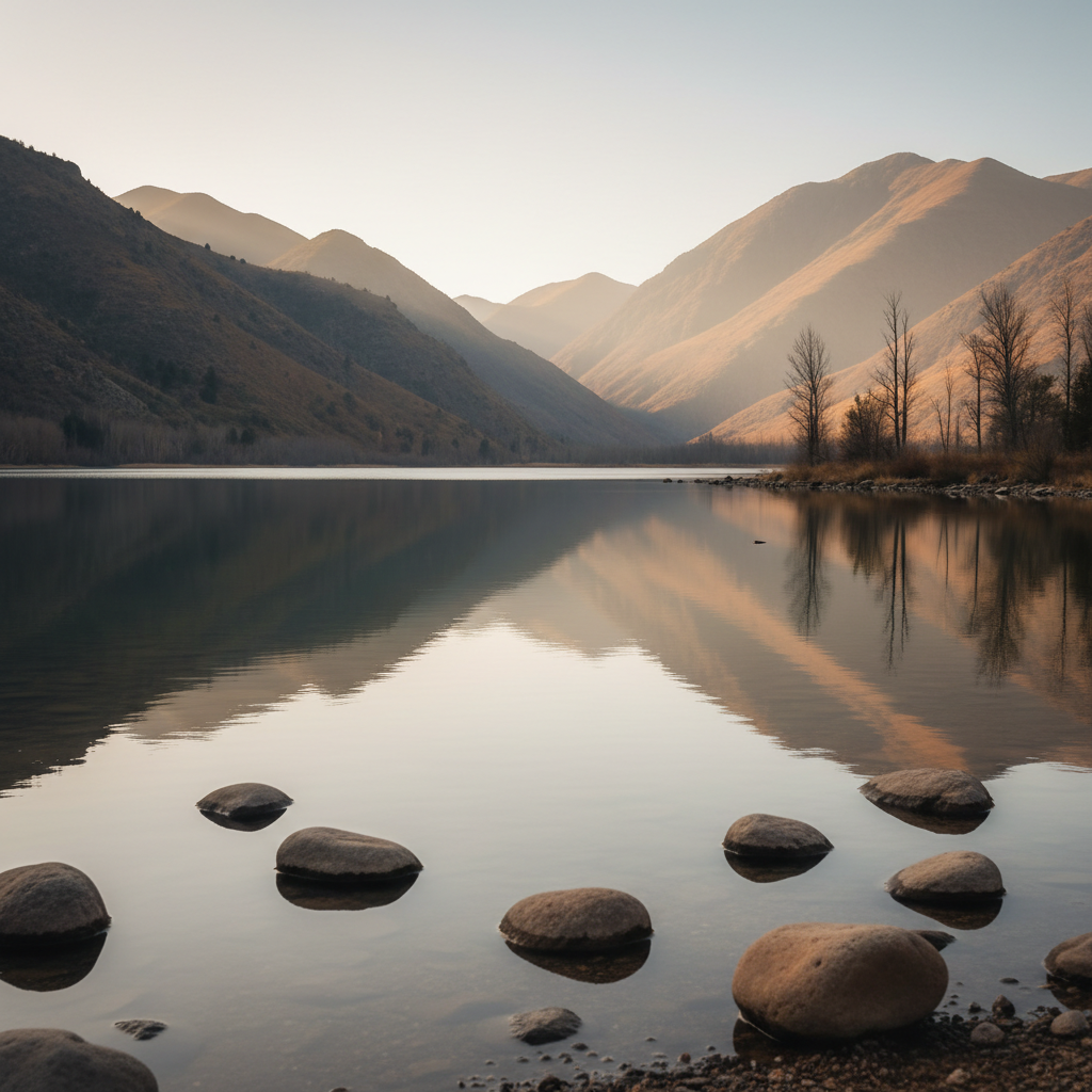 realistisches, cleanes, künstlerisches Bild eines Bergsees mit erdigen Tönen, minimalistisch und naturverbunden, geeignet als Titelbild einer psychotherapeutischen Praxis