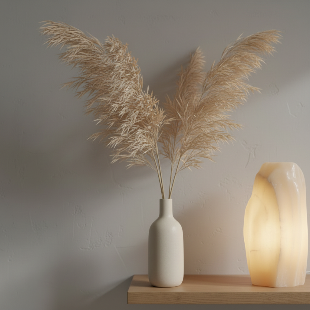 Eine einfache Vase mit geschwungenem Pampasgras darin, ohne grüne Pflanzen, auf neutralem Hintergrund
