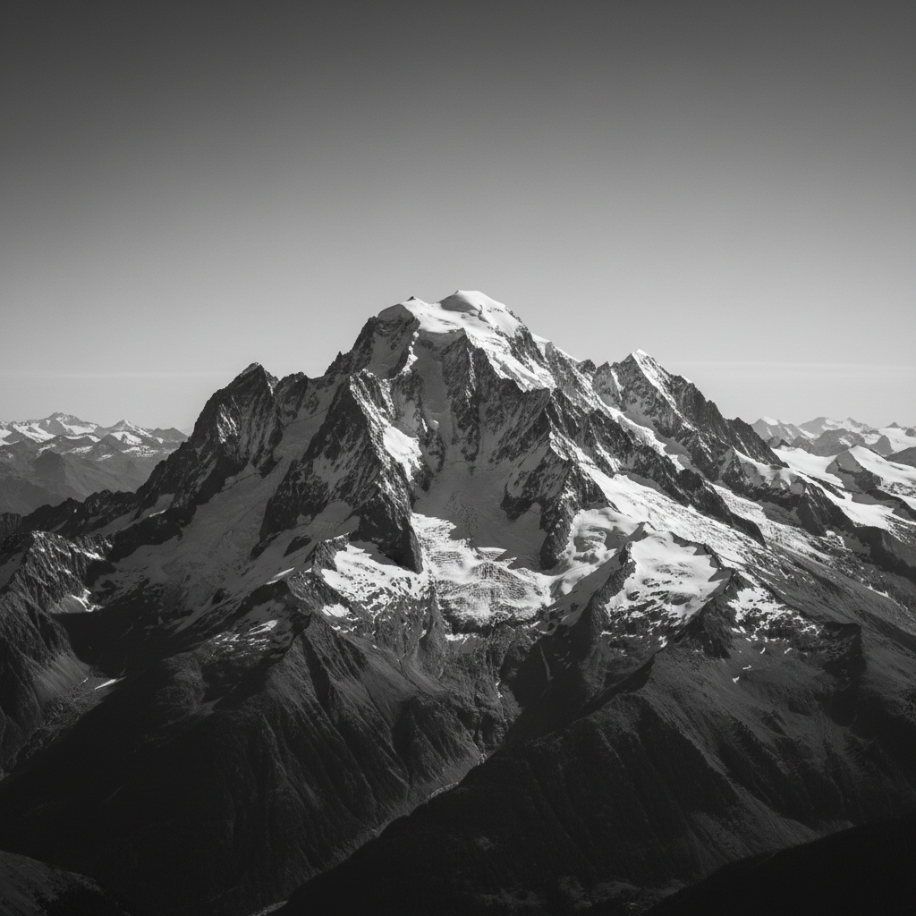 Mont Blanc aus der Vogelperspektive, nur der Berg in Schwarzweiß, kompakt und minimalistisch, ohne Personen oder Objekte im Vordergrund