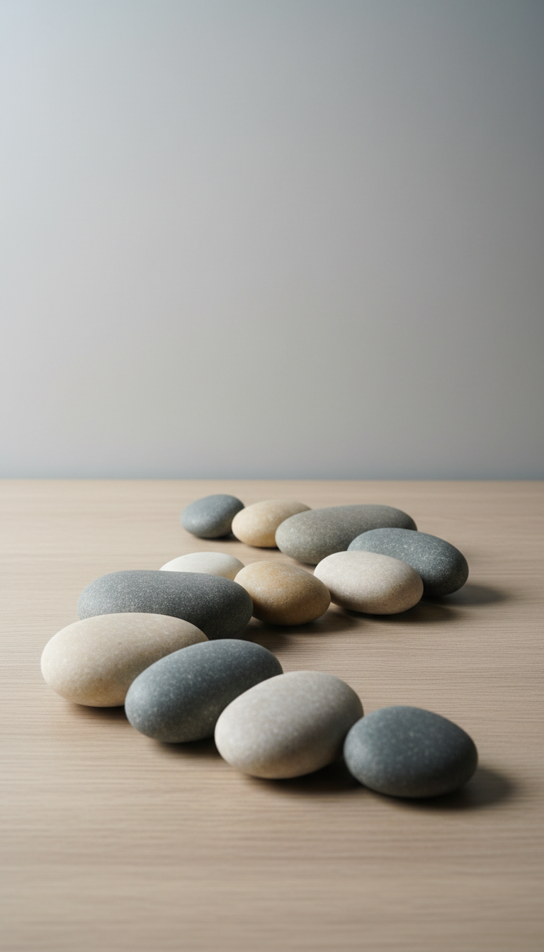 A collection of smooth river stones in shades of cool grey, soft beige, and off-white, artfully placed in a gentle curve on a finely grained, pale oak surface. The setting is tranquil and uncluttered, with a faint, misty gradient wall as the background. Subtle, overhead diffused lighting lends the stones a soft, velvety sheen, while shadows fall quietly around their forms. The composition employs an asymmetrical balance, captured from a low, close perspective to emphasize tactile quality and evoke a serene, grounding presence. This minimalist, elegant image symbolizes the stability and balance sought in psychotherapy.